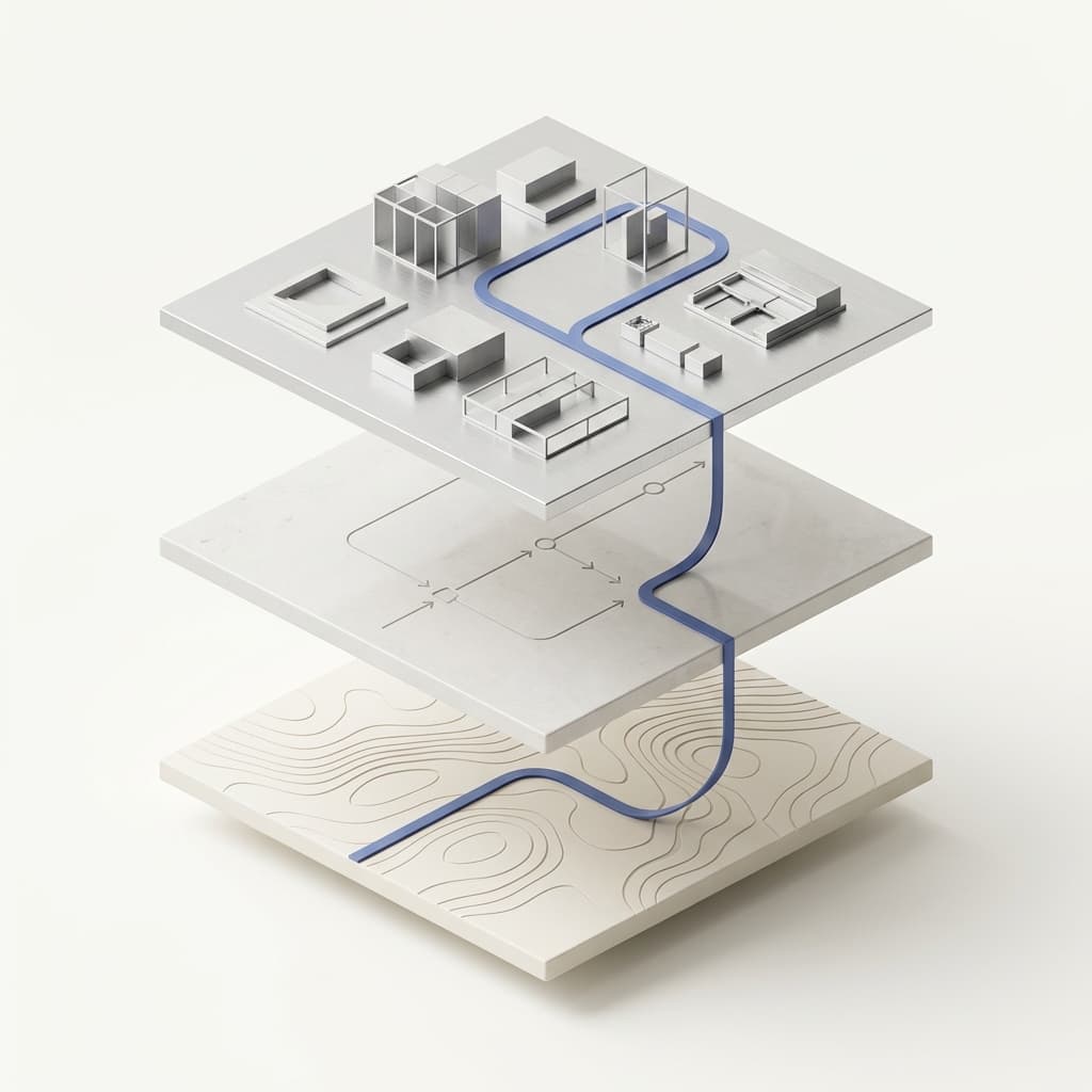 Three-tier architectural model showing connected terrain data, workflow automation, and digital platform layers